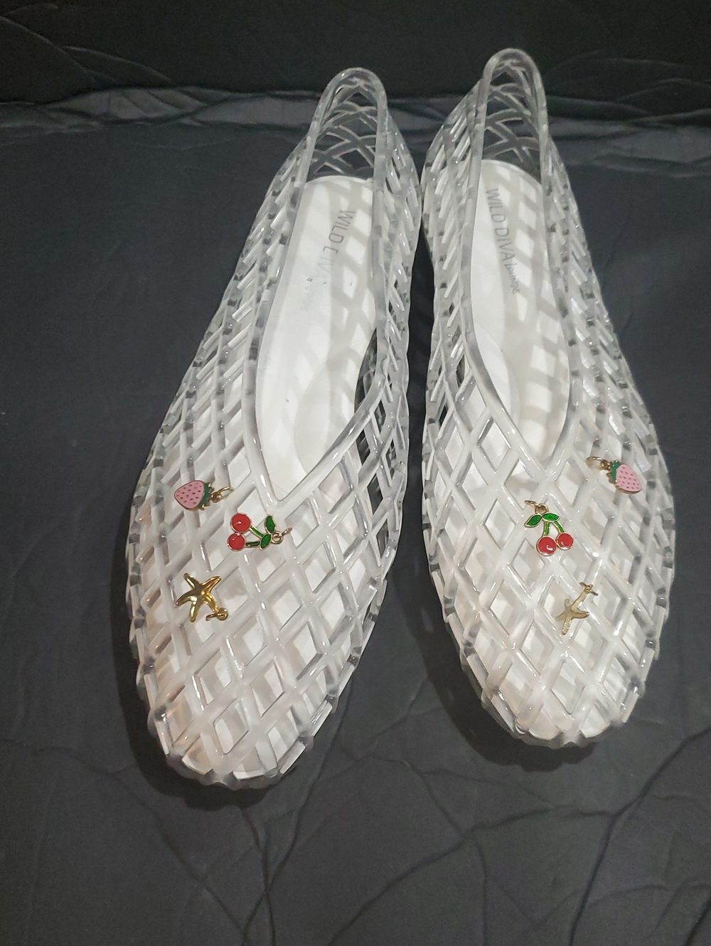 Cherry starfish pink strawberry charms adorned closed toe jelly flats size 10